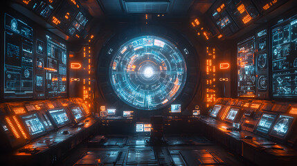 Futuristic control room featuring high-tech screens and glowing interfaces, creating a vibrant sci-fi atmosphere.