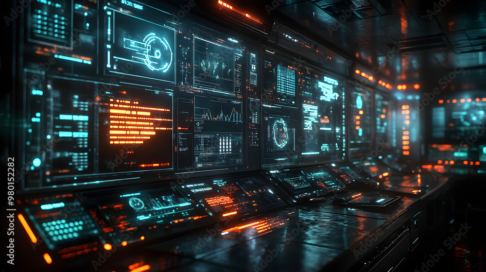 Poster futuristic control room with glowing screens displaying data and graphics, perfect for technology an