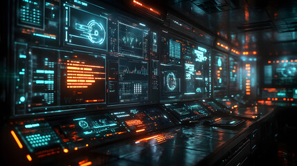 Naklejka premium Futuristic control room with glowing screens displaying data and graphics, perfect for technology and sci-fi themes.