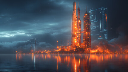 Futuristic rocket launch site illuminated by orange lights, reflecting in water under a dramatic sky.