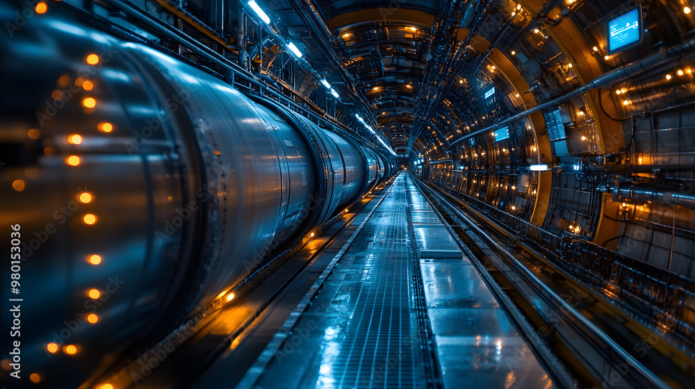 Poster futuristic tunnel with glowing lights and metallic surfaces, creating a vibrant and dynamic visual o