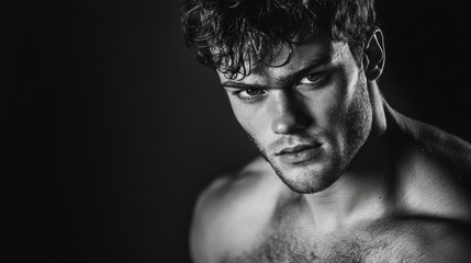 A striking black and white portrait of a muscular man showcasing intense expression and dramatic lighting.