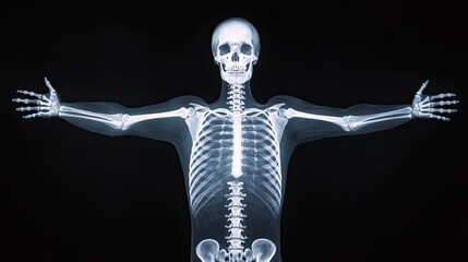A striking X-ray image of a skeleton with arms outstretched, showcasing the structure of human bones against a dark background. - obrazy, fototapety, plakaty
