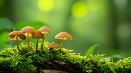 Fototapeta premium A cluster of slender-stemmed mushrooms with brown caps growing on a moss-covered log in a serene forest.