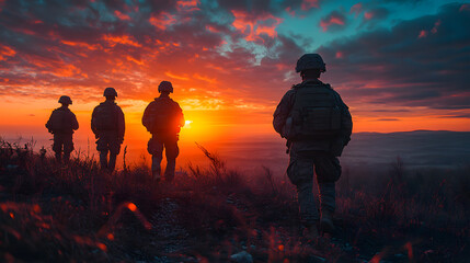 Fototapeta premium Silhouettes of soldiers watching a dramatic sunset, symbolizing courage, unity, and the beauty of nature in military life.