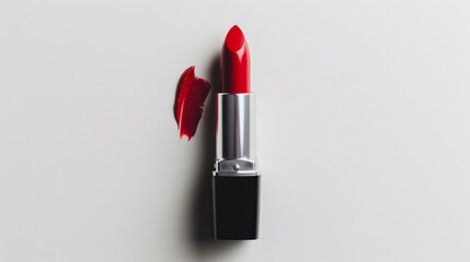 Bright red lipstick with the cap off on a white background