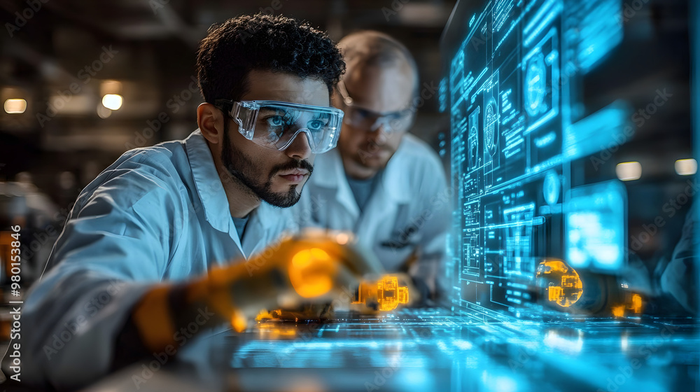 Poster two scientists collaborate on advanced technology, analyzing digital data on a futuristic screen in 