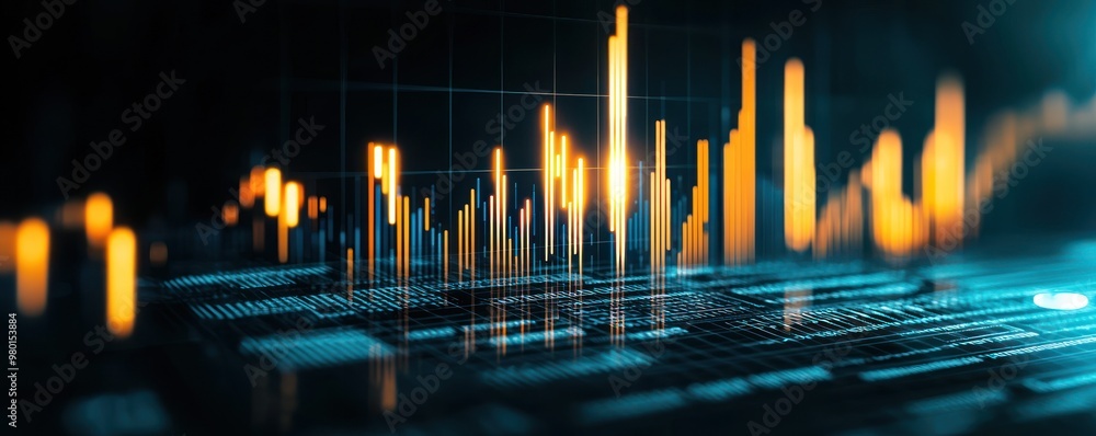 Poster bar graph in dark theme with bright highlights, professional business data visualization, tech indus