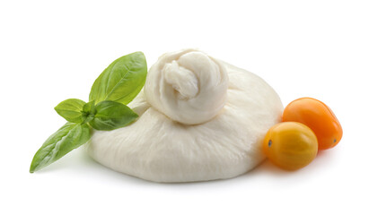 Fresh burrata cheese, cherry tomatoes and basil leaves isolated on white