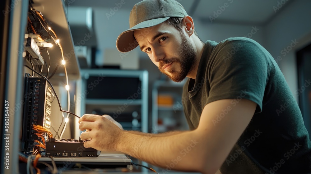Poster a technician inspects networking equipment in a modern lab. focused, he ensures optimal performance 