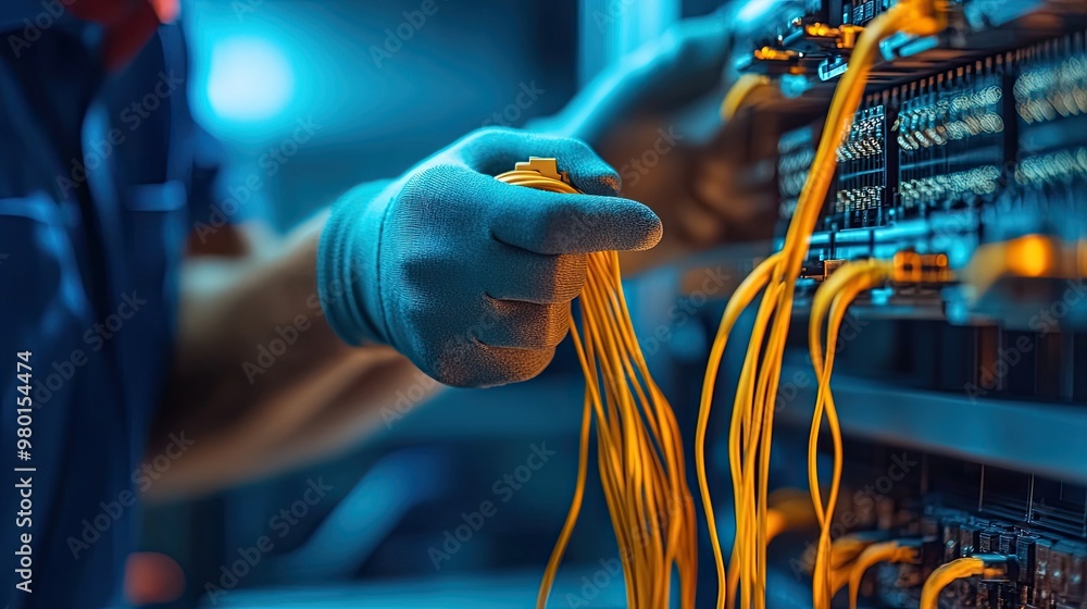 Poster a technician manages colorful data cables in a modern server room, emphasizing technology and connec