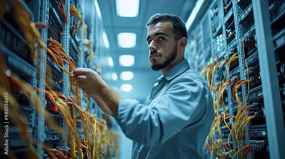 Poster a technician working on data network cables in a server room, showcasing modern technology and profe