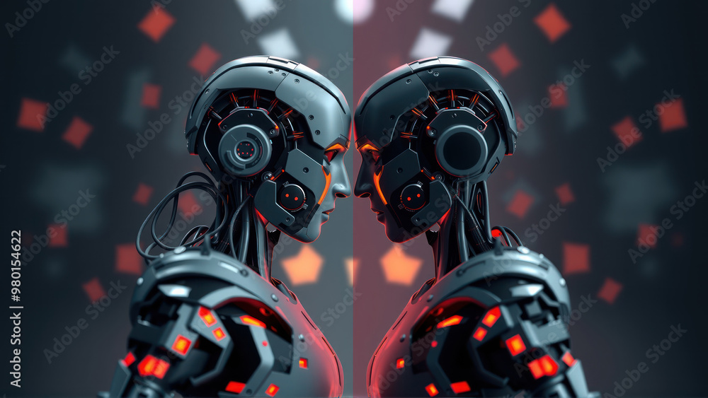 Poster two robots facing each other, their designs illuminated by glowing red circuits.
