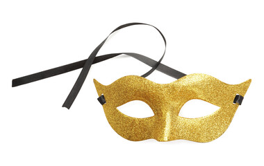 Beautiful golden carnival mask on white background, top view