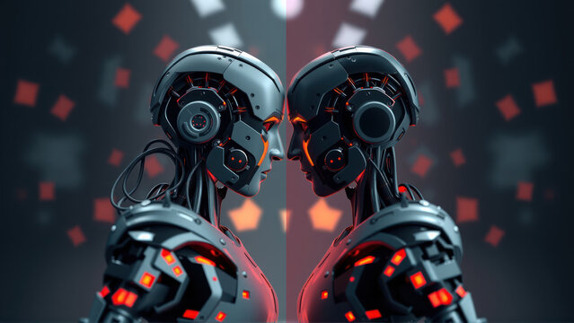 Two robots facing each other, their designs illuminated by glowing red circuits.