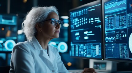 Hispanic female senior data scientist analyzing risk management reports in high tech monitoring room