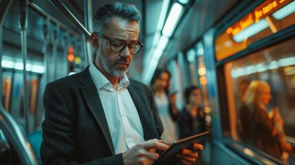 Businessman using a tablet to check financial markets while commuting