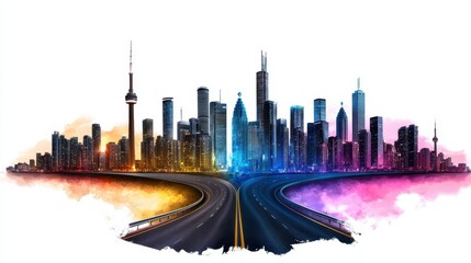 Obraz premium Vibrant Watercolor Skyline of Life's Journey in 2025 with Roads to Various Futures, Copy Space for Text