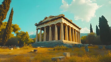 Obraz premium Majestic Greek temple façade with Doric columns under clear blue skies