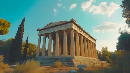 Obraz premium Greek temple façade with ionic Doric columns and a scenic landscape