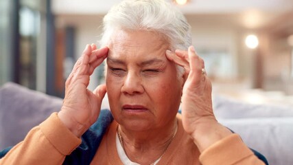 Senior, woman and massage for headache on sofa with alzheimer sign, pain relief and burnout of medical crisis. Elderly, female person and migraine from healthcare stress, dementia risk and house debt