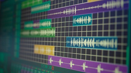 Empty desk equipped with mixing console and music recording tools in home studio, professional...