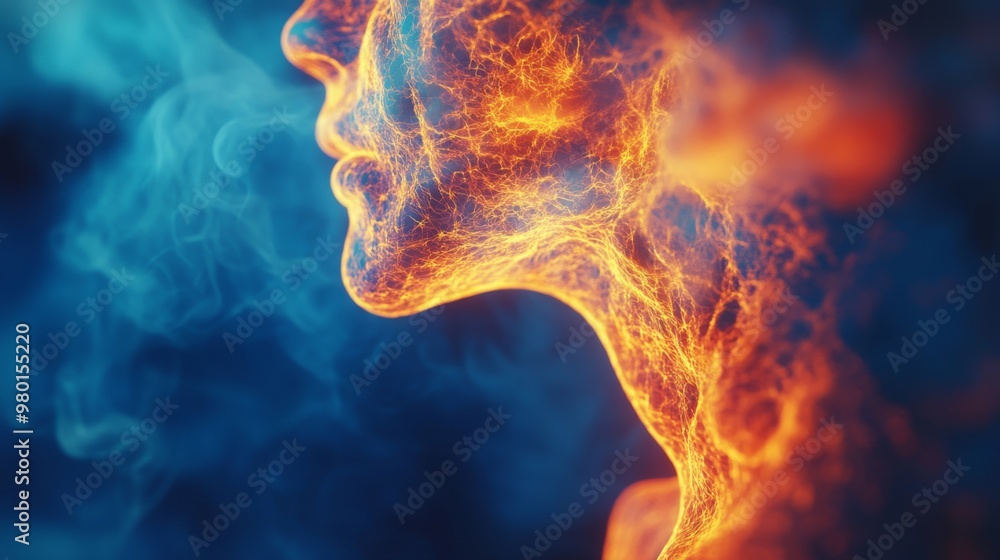 Poster this striking visual captures a human profile enveloped in bright, swirling orange and blue hues, cr