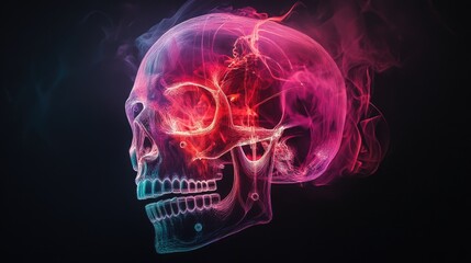 A vibrant and intricate digital art representation of a skull, featuring colorful neon lights and smoke effects.