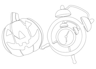 One continuous line of alarm clock with Halloween Jack O' Lantern pumpkin. Thin Line Illustration vector concept. Contour Drawing Creative ideas.
