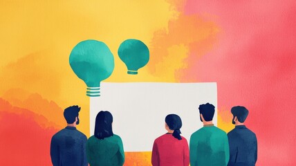 A creative team brainstorming ideas in front of a blank canvas, surrounded by colorful thought bubbles.