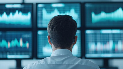 A professional reviewing data on multiple screens, focused on market trends and analytics in a modern office environment.