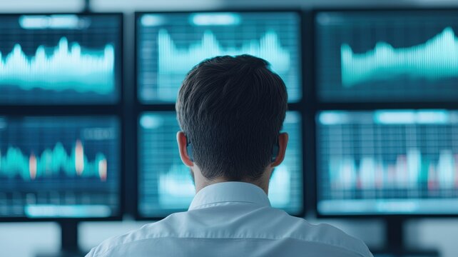 A professional reviewing data on multiple screens, focused on market trends and analytics in a modern office environment.