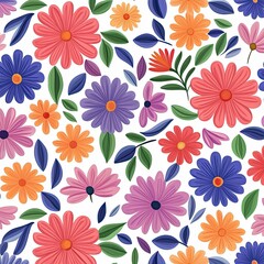 A vibrant floral pattern featuring various colorful flowers and lush leaves on a clean white background, perfect for spring designs.