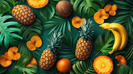 Fototapeta premium Tropical Leaves and Fruits: A lively pattern featuring an array of tropical leaves and fruits like pineapples, coconuts, and bananas, arranged in a repeating sequence. The vibrant