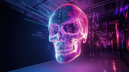 Fototapeta premium A vibrant, digital skull illuminated with neon colors, showcasing technology and artistic creativity in a futuristic setting.
