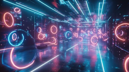 Fototapeta premium A vibrant, futuristic scene filled with glowing neon lights and reflective surfaces in a dynamic, abstract environment.