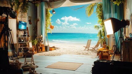 A vibrant studio setup featuring a bright tropical beach view, perfect for creative photo shoots or relaxation themes.