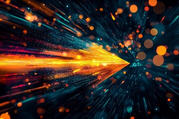 Fototapeta premium A dynamic arrow in motion, made of colorful streaks, on a dark background, symbolizing speed or energy.