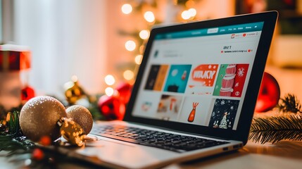 Sleek e-commerce website featuring Christmas-themed decorations with a modern design, showcasing festive products and holiday offers, ideal for online shopping during the winter season