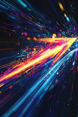 A dynamic arrow in motion, made of colorful streaks, on a dark background, symbolizing speed or energy.