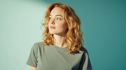 Obraz premium A woman with flowing, curly hair gazes thoughtfully with a serene expression against a vibrant teal background.