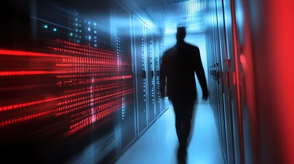 Blurred figure walking away from a server room after causing a data breach.