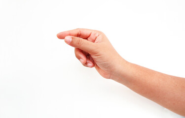 hand making the symbol that means pick up on white background. copy space