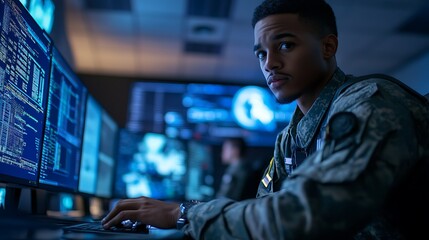 Cybersecurity professional working in a command center, responding to a major cyber attack.