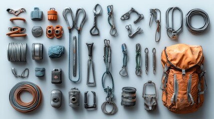 A collection of climbing gear and equipment for outdoor adventures.