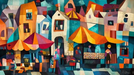 Whimsical UHD Cubist Interpretation of Traditional Folk Art Market Scene