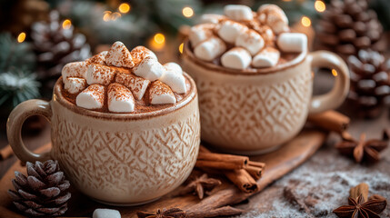 Fototapeta premium cup of chocolate with cinnamon and marshmallow