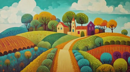 Whimsical UHD Abstract Cubism Folk Art of a Serene Countryside Scene