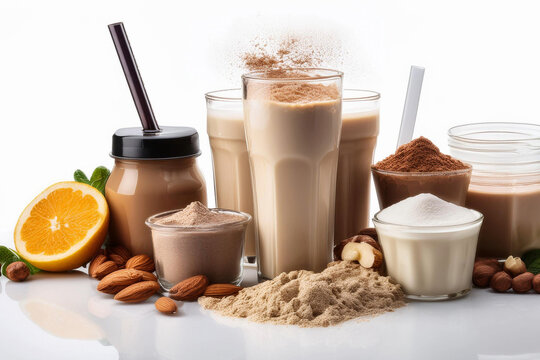 vasos biberones batidos de prote&iacute;nas, nutritivos y saciantes,  para desayunar sobre fondo blanco dieta proteica