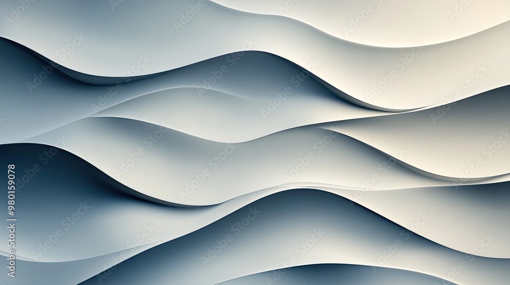 Poster abstract composition featuring smooth, flowing waves in soft blue and gray tones, creating a serene 